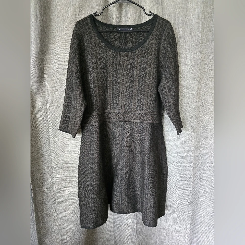 Nina Leonard Black/Olive Geometric Scoop Neck Fit & Flare Sweater Dress 1X - Picture 2 of 6